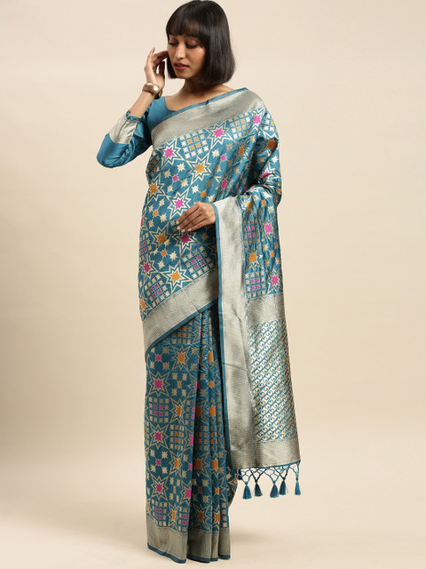 

Mitera Turquoise Blue & Gold-Toned Silk Blend Woven Design Banarasi Saree