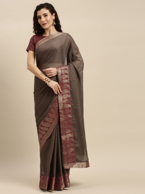 

Mitera Coffee Brown Pure Chiffon Solid Pochampally Saree