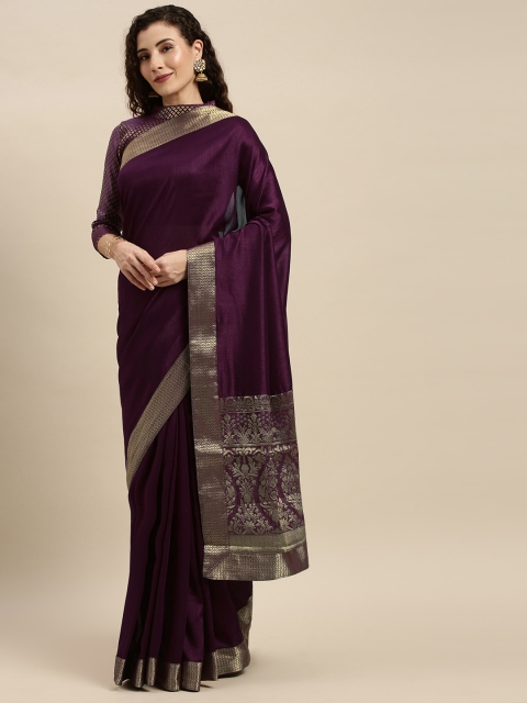 

Mitera Purple & Gold-Toned Silk Blend Solid Pochampally Saree