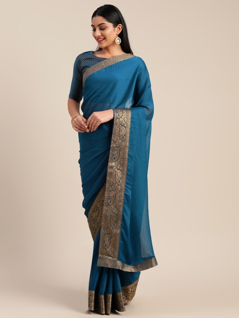 

Mitera Teal Blue Pure Chiffon Solid Pochampally Saree