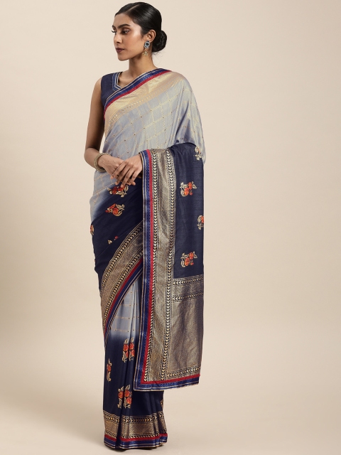 

Mitera Grey & Navy Blue Silk Blend Checked Pochampally Saree