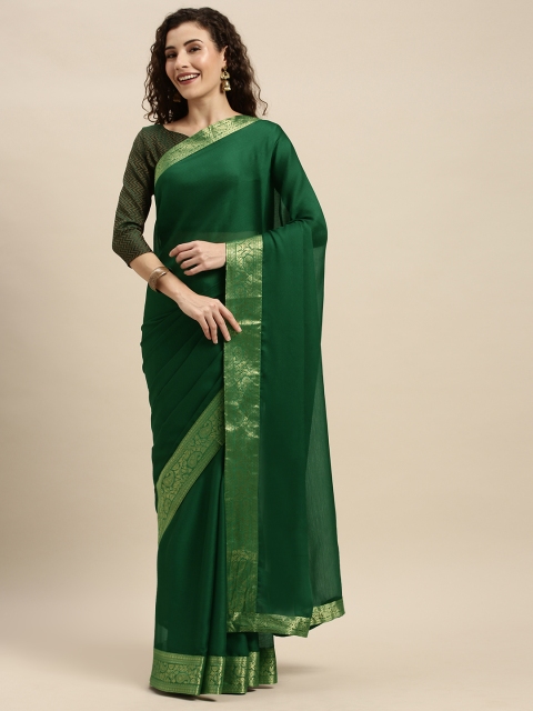 

Mitera Green & Gold-Toned Pure Chiffon Solid Pochampally Saree