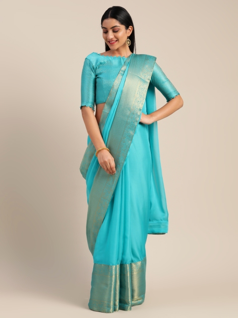 

Mitera Turquoise Blue Pure Chiffon Solid Pochampally Saree