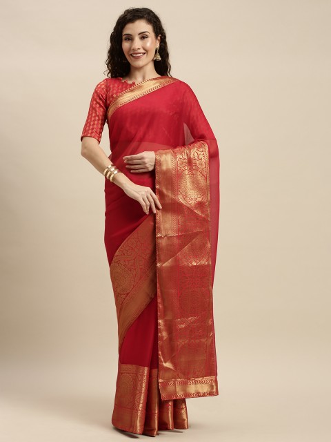 

Mitera Maroon & Gold-Toned Pure Chiffon Woven Design Pochampally Saree