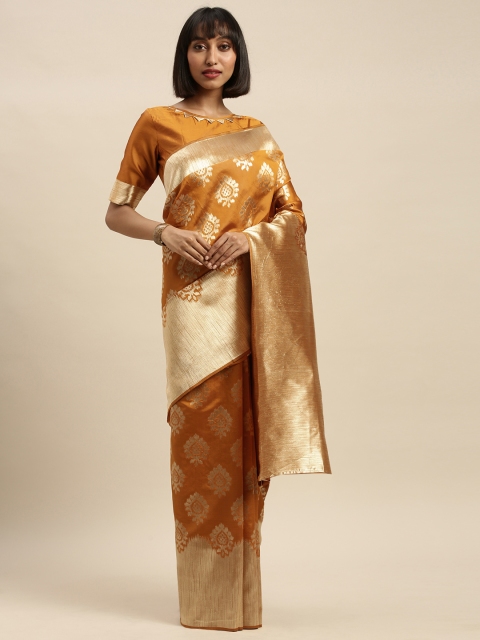 

Mitera Mustard Yellow & Golden Silk Blend Woven Design Kanjeevaram Saree