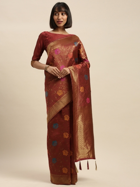 

Mitera Maroon & Golden Silk Blend Woven Design Banarasi Saree