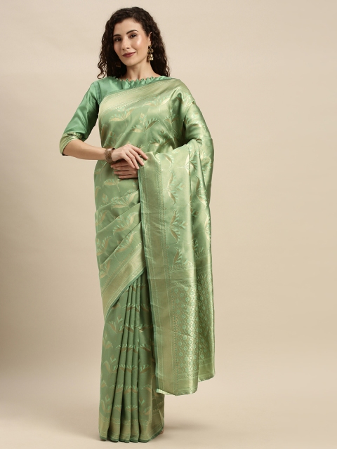

Mitera Green & Gold-Toned Silk Blend Woven Design Kanjeevaram Saree