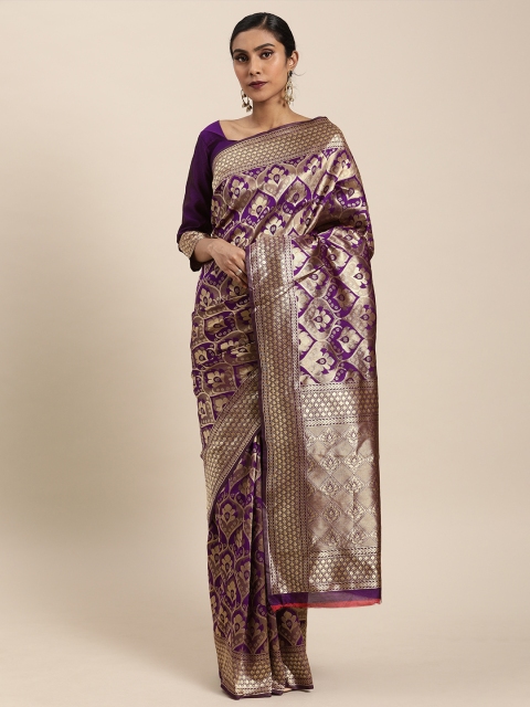 

Mitera Purple & Gold-Toned Silk Blend Woven Design Kanjeevaram Saree