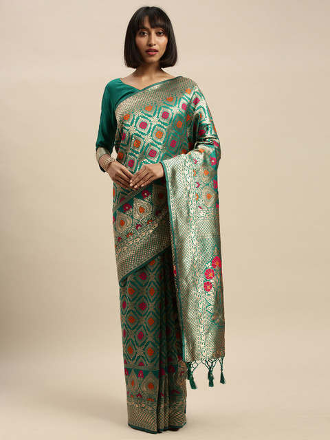 

Mitera Green & Gold-Toned Silk Blend Woven Design Banarasi Saree