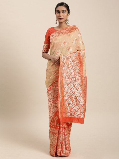

Mitera Cream-Coloured & Orange Cotton Blend Woven Design Banarasi Saree