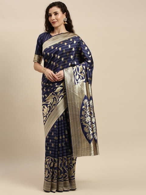 

Mitera Navy Blue & Gold-Coloured Silk Blend Woven Design Kanjeevaram Celebrity Saree