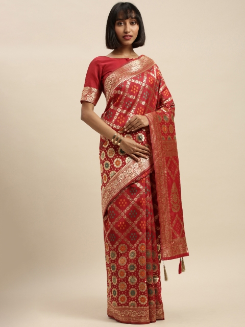 

Mitera Maroon & Gold-Toned Silk Blend Woven Design Banarasi Saree