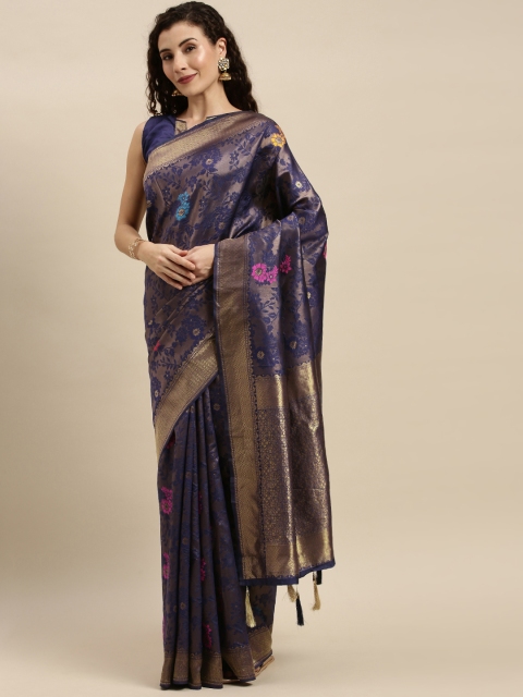 

Mitera Navy Blue & Gold-Toned Silk Blend Woven Design Banarasi Saree