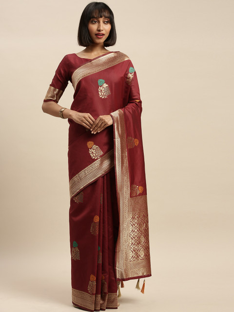

Mitera Maroon & Golden Cotton Blend Woven Design Banarasi Saree