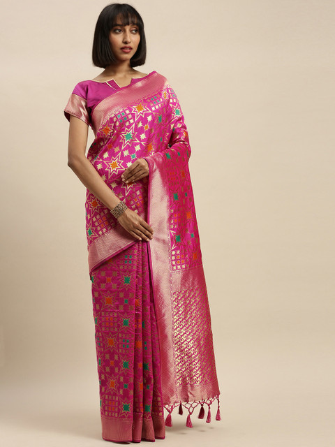 

Mitera Pink & Gold-Toned Silk Blend Woven Design Banarasi Saree