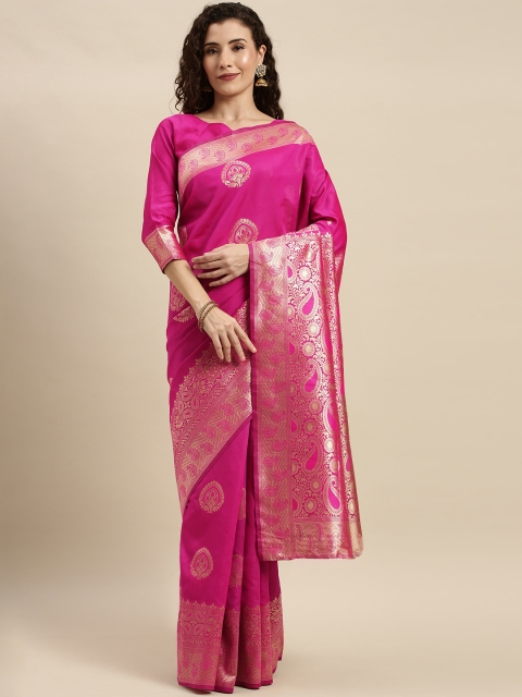 

Mitera Pink & Golden Silk Blend Woven Design Kanjeevaram Saree