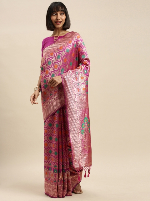 

Mitera Pink & Gold-Toned Silk Blend Woven Design Banarasi Saree