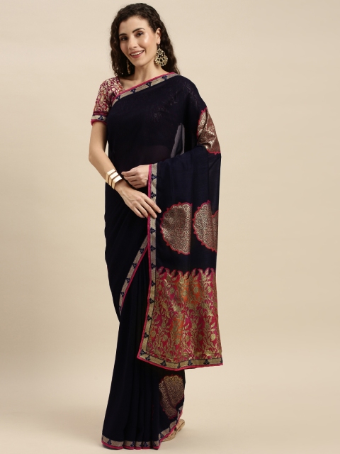 

Mitera Navy Blue & Red Silk Blend Printed Ikat Celebrity Saree