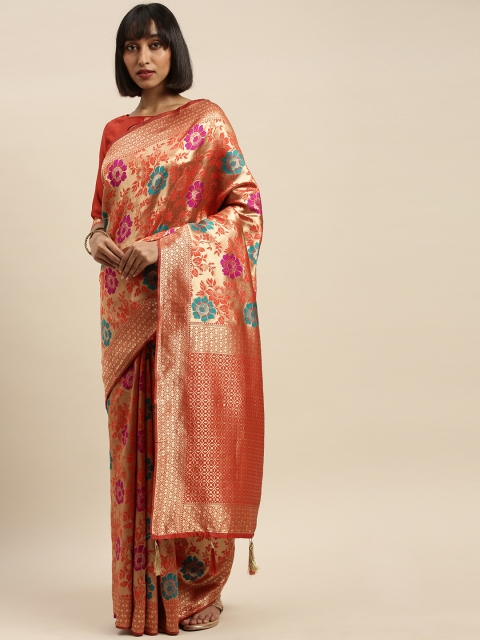 

Mitera Orange & Gold-Toned Silk Blend Woven Design Banarasi Saree