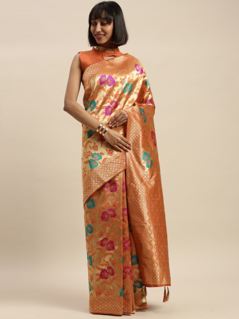 

Mitera Orange & Gold-Toned Silk Blend Woven Design Banarasi Saree