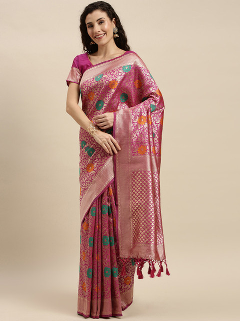 

Mitera Pink & Gold-Toned Silk Blend Woven Design Banarasi Saree