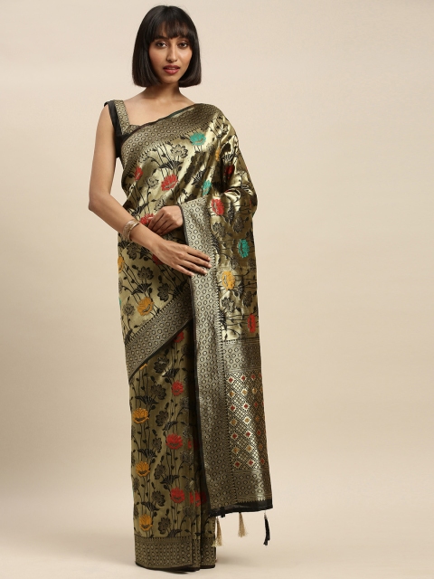 

Mitera Black & Gold-Toned Silk Blend Woven Design Banarasi Saree