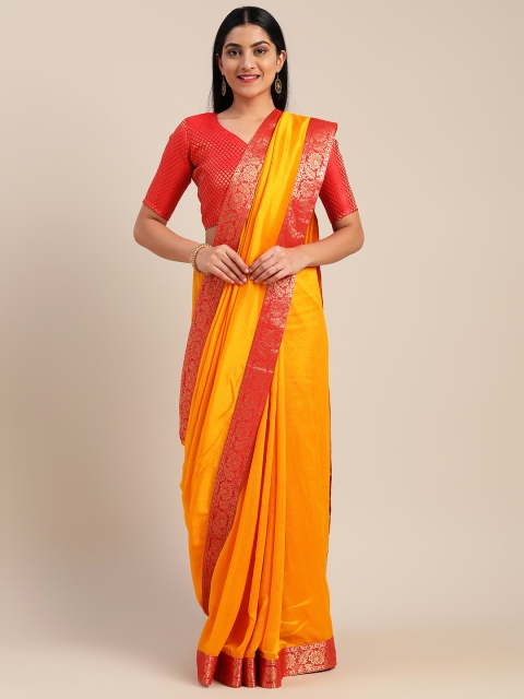 

Mitera Mustard Yellow Silk Blend Solid Pochampally Saree