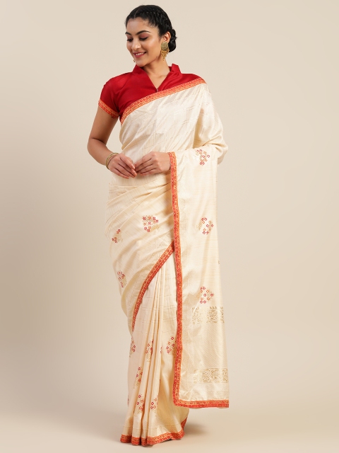 

Mitera Cream-Coloured & Gold-Toned Silk Blend Checked Pochampally Saree