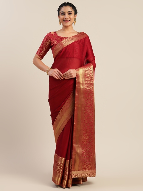 

Mitera Maroon & Gold-Toned Pure Chiffon Solid Pochampally Saree