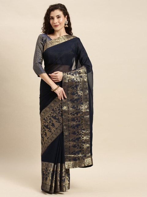 

Mitera Navy Blue Pure Chiffon Solid Pochampally Saree