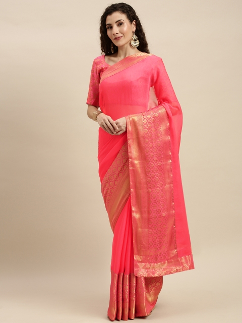 

Mitera Coral Pink Pure Chiffon Solid Pochampally Celebrity Saree