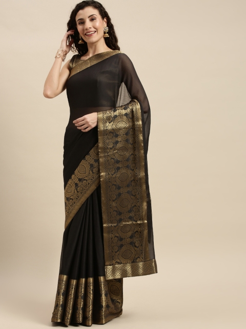 

Mitera Black & Gold-Toned Pure Chiffon Solid Pochampally Saree