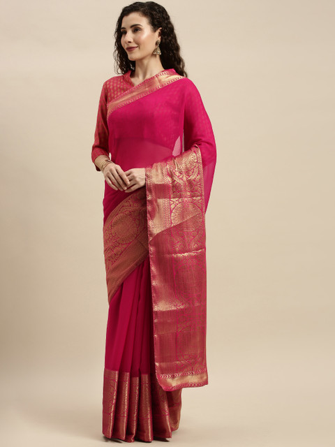 

Mitera Pink & Gold-Toned Pure Chiffon Striped Pochampally Saree