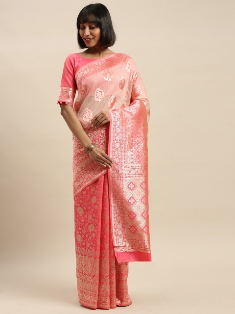 

Mitera Pink & Golden Cotton Blend Woven Design Banarasi Saree
