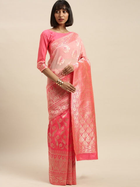 

Mitera Coral Pink & Gold-Toned Cotton Blend Woven Design Banarasi Saree