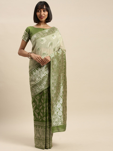 

Mitera Green & Gold-Toned Cotton Blend Woven Design Banarasi Saree