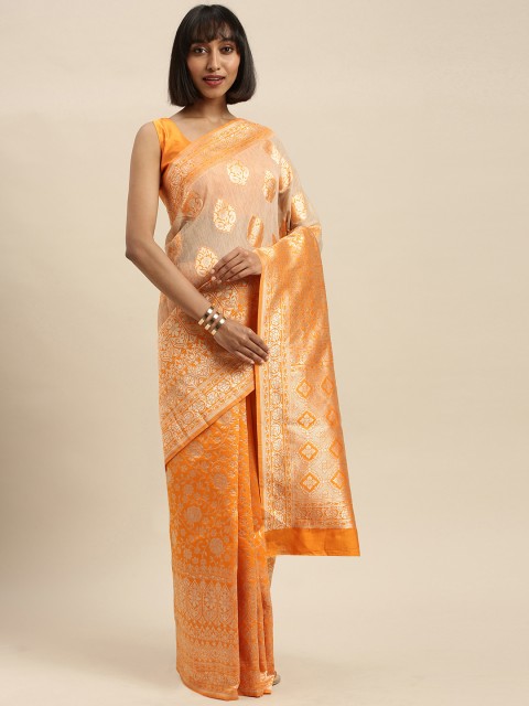 

Mitera Yellow & Gold-Toned Cotton Blend Woven Design Banarasi Saree