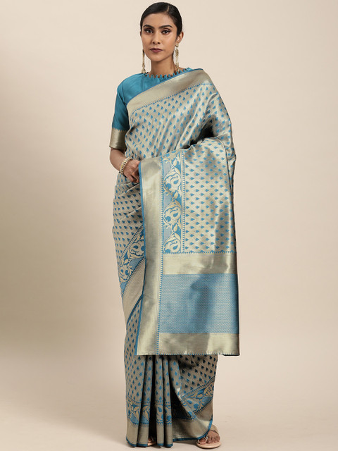 

Mitera Blue & Gold-Toned Silk Blend Woven Design Kanjeevaram Saree