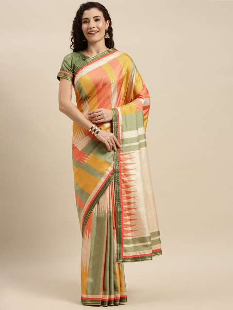 

Mitera Pink & Green Silk Blend Printed Pochampally Saree