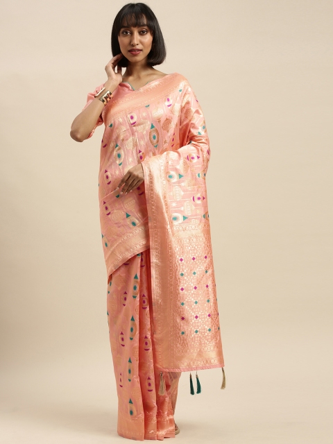 

Mitera Peach-Coloured & Gold-Toned Cotton Blend Woven Design Banarasi Saree