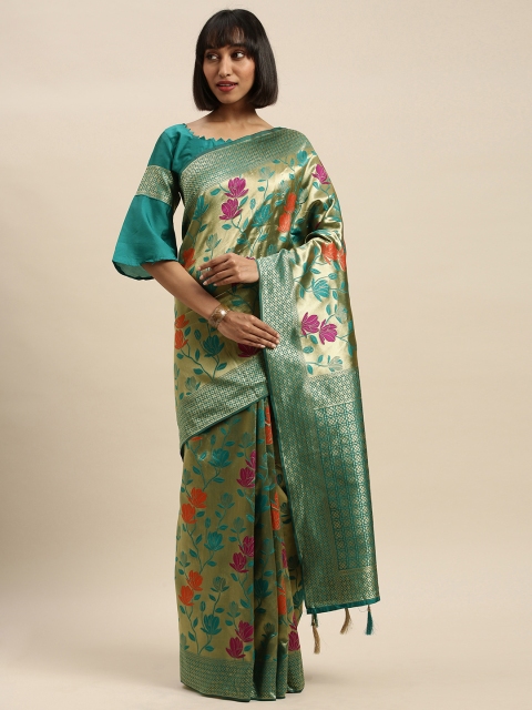 

Mitera Teal Green & Golden Silk Blend Woven Design Banarasi Saree