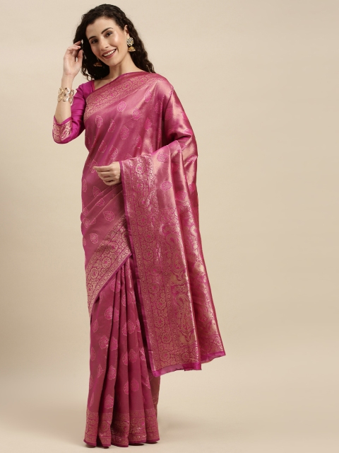 

Mitera Pink & Gold-Toned Silk Blend Woven Design Kanjeevaram Saree