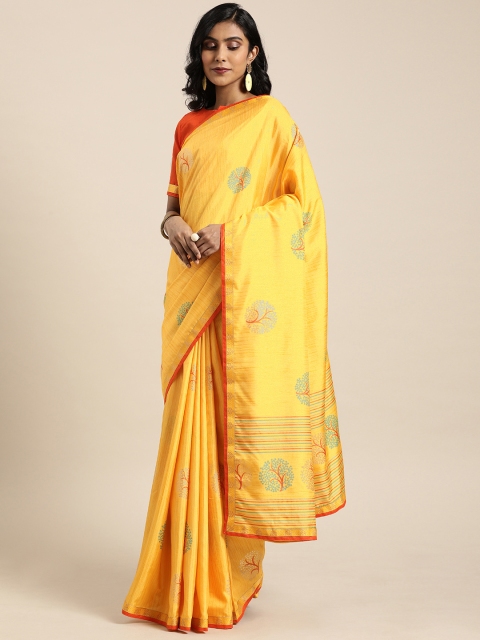 

Mitera Yellow & Maroon Silk Blend Printed Pochampally Saree