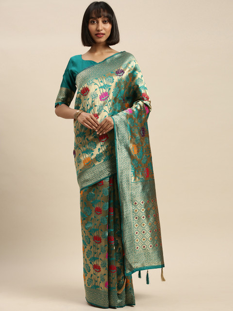 

Mitera Turquoise Blue & Golden Silk Blend Woven Design Banarasi Saree