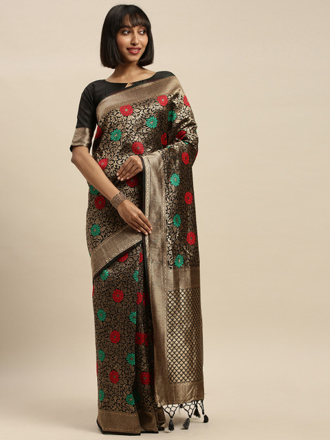 

Mitera Black & Gold-Toned Silk Blend Woven Design Banarasi Saree