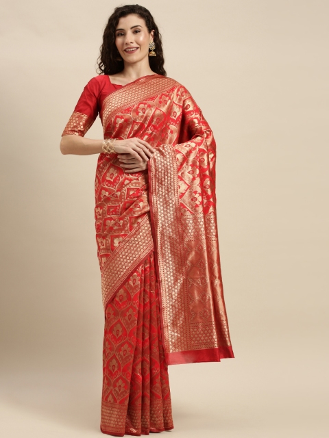 

Mitera Red & Golden Silk Blend Woven Design Kanjeevaram Saree