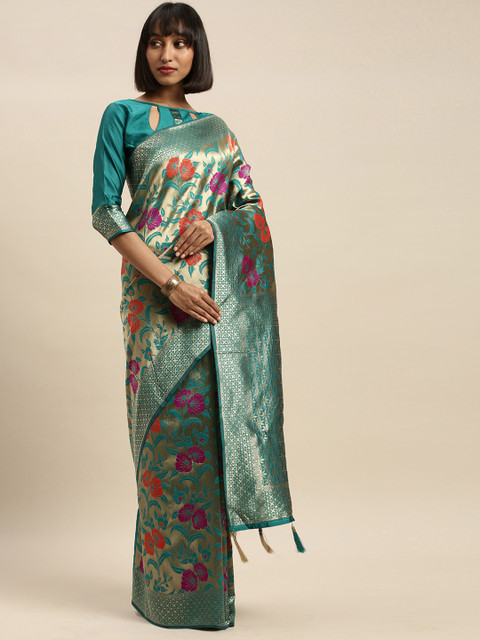 

Mitera Turquoise Blue & Gold-Toned Silk Blend Woven Design Banarasi Saree