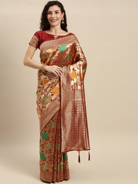 

Mitera Maroon & Gold-Coloured Silk Blend Woven Design Banarasi Celebrity Saree