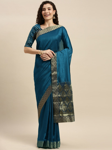 

Mitera Turquoise Blue & Gold-Toned Silk Blend Woven Design Pochampally Saree
