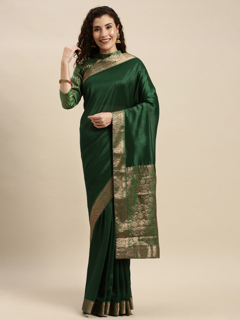 

Mitera Green Silk Blend Solid Pochampally Saree